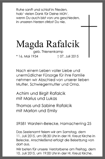 Todesanzeige von Magda Rafalcik von MZV