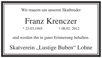 Todesanzeige von Franz Krenczer von WESTFÄLISCHER ANZEIGER