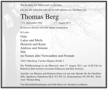 Todesanzeige von Thomas Berg von WESTFÄLISCHER ANZEIGER