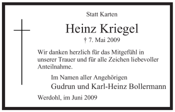 Todesanzeige von Heinz Kriegel von WESTFÄLISCHER ANZEIGER