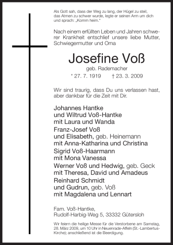 Todesanzeige von Josefine Voß von WESTFÄLISCHER ANZEIGER