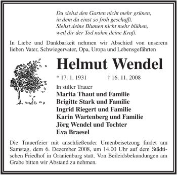 Todesanzeige von Helmut Wendel von WESTFÄLISCHER ANZEIGER