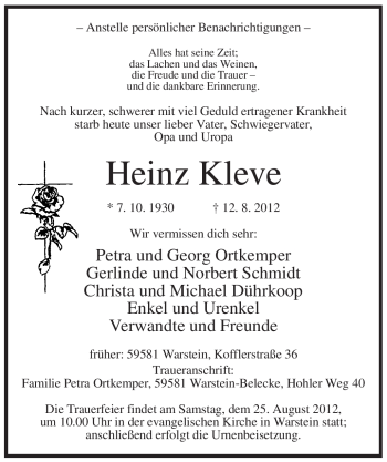 Todesanzeige von Heinz Kleve von WESTFÄLISCHER ANZEIGER
