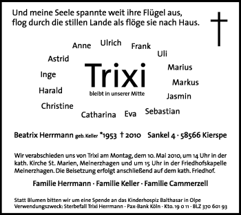 Todesanzeige von Beatrix (Trixi) Herrmann von WESTFÄLISCHER ANZEIGER