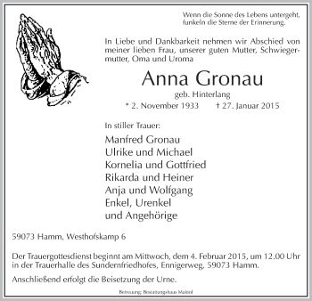 Todesanzeige von Anna Gronau von MZV