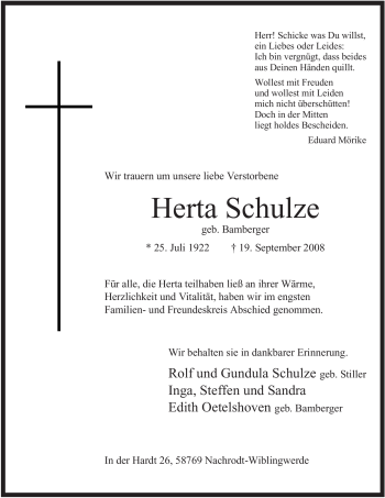 Todesanzeige von Herta Schulze von WESTFÄLISCHER ANZEIGER