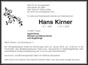 Todesanzeige von Hans Kirner von MZV