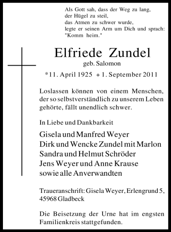 Todesanzeige von Elfriede Zundel von WESTFÄLISCHER ANZEIGER