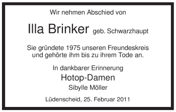 Todesanzeige von Illa Brinker von WESTFÄLISCHER ANZEIGER
