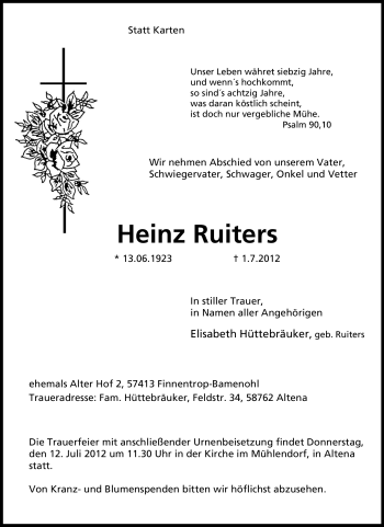 Todesanzeige von Heinz Ruiters von WESTFÄLISCHER ANZEIGER
