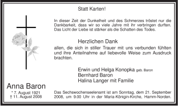 Todesanzeige von Anna Baron von WESTFÄLISCHER ANZEIGER