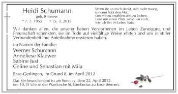 Todesanzeige von Heidi Schumann von WESTFÄLISCHER ANZEIGER