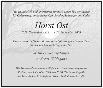 Todesanzeige von Horst Ost von WESTFÄLISCHER ANZEIGER