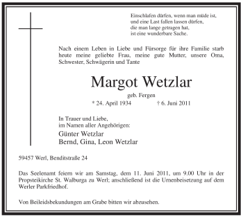 Todesanzeige von Margot Wetzlar von WESTFÄLISCHER ANZEIGER