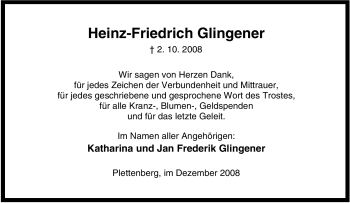 Todesanzeige von Heinz-Friedrich Glingener von WESTFÄLISCHER ANZEIGER