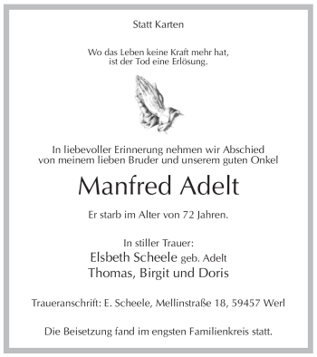 Todesanzeige von Manfred Adelt von WESTFÄLISCHER ANZEIGER