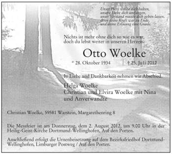 Todesanzeige von Otto Woelke von WESTFÄLISCHER ANZEIGER