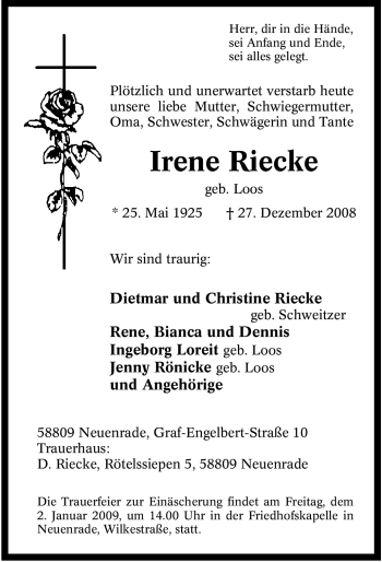 Todesanzeige von Irene Riecke von WESTFÄLISCHER ANZEIGER