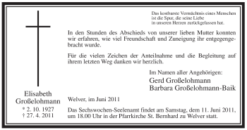 Todesanzeige von Elisabeth Großelohmann von WESTFÄLISCHER ANZEIGER