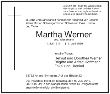 Todesanzeige von Martha Werner von WESTFÄLISCHER ANZEIGER