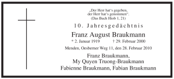 Todesanzeige von Franz August Braukmann von WESTFÄLISCHER ANZEIGER