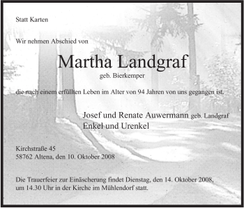 Todesanzeige von Martha Landgraf von WESTFÄLISCHER ANZEIGER
