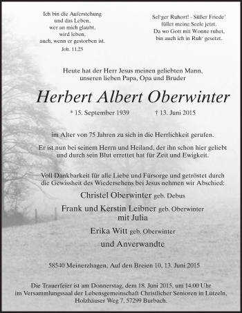 Todesanzeige von Herbert Albert Oberwinter von MZV