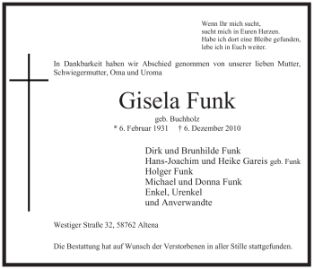 Todesanzeige von Gisela Funk von WESTFÄLISCHER ANZEIGER