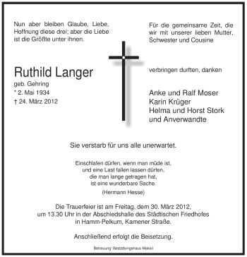 Todesanzeige von Ruthild Langer von WESTFÄLISCHER ANZEIGER