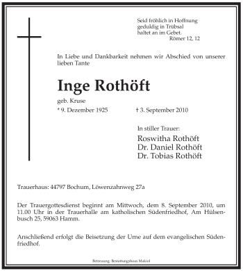 Todesanzeige von Inge Rothöft von WESTFÄLISCHER ANZEIGER