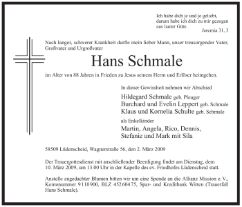 Todesanzeige von Hans Schmale von WESTFÄLISCHER ANZEIGER