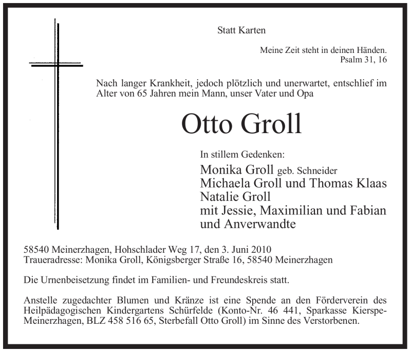  Traueranzeige für Otto Groll vom 09.06.2010 aus WESTFÄLISCHER ANZEIGER
