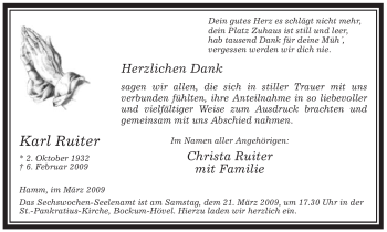 Todesanzeige von Karl Ruiter von WESTFÄLISCHER ANZEIGER