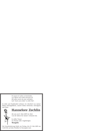 Todesanzeige von Hannelore Zechlin von WESTFÄLISCHER ANZEIGER