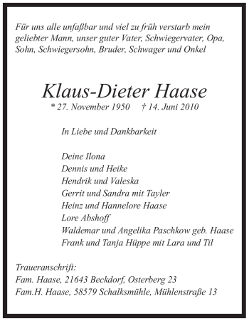 Todesanzeige von Klaus-Dieter Haase von WESTFÄLISCHER ANZEIGER
