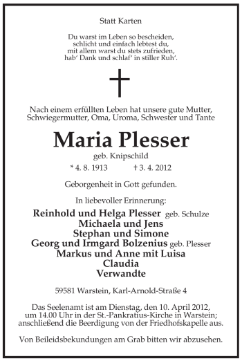 Todesanzeige von Maria Plesser von WESTFÄLISCHER ANZEIGER