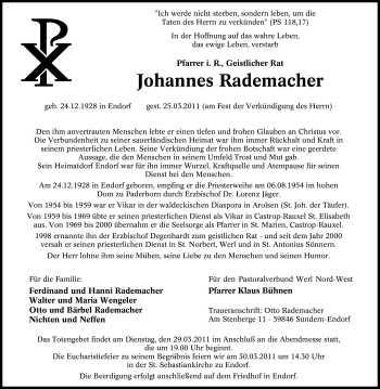 Todesanzeige von Johannes Rademacher von WESTFÄLISCHER ANZEIGER
