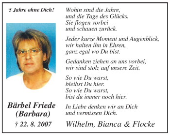 Todesanzeige von Bärbel Friede von WESTFÄLISCHER ANZEIGER