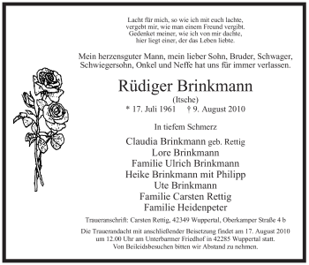 Todesanzeige von Rüdiger Brinkmann von WESTFÄLISCHER ANZEIGER
