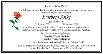 Todesanzeige von Ingeborg Anke von WESTFÄLISCHER ANZEIGER