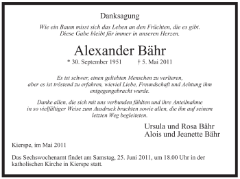 Todesanzeige von Alexander Bähr von WESTFÄLISCHER ANZEIGER