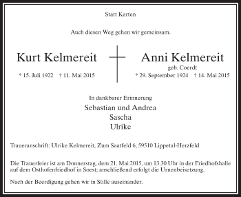 Todesanzeige von Kurt und Anni Kelmereit von MZV