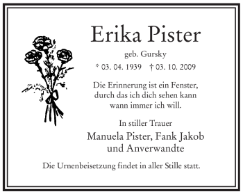 Todesanzeige von Erika Pister von WESTFÄLISCHER ANZEIGER