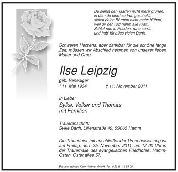 Todesanzeige von Ilse Leipzig von WESTFÄLISCHER ANZEIGER