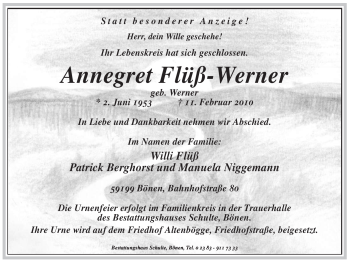 Todesanzeige von Annegret Flüß-Werner von WESTFÄLISCHER ANZEIGER