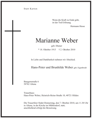 Todesanzeige von Marianne Weber von WESTFÄLISCHER ANZEIGER