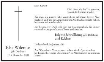 Todesanzeige von Else Wilenius von WESTFÄLISCHER ANZEIGER