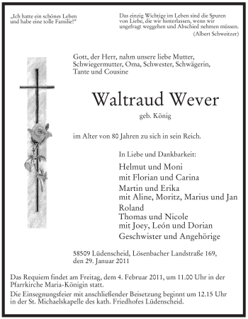 Todesanzeige von Waltraud Wever von WESTFÄLISCHER ANZEIGER