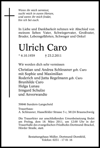 Todesanzeige von Ulrich Caro von WESTFÄLISCHER ANZEIGER