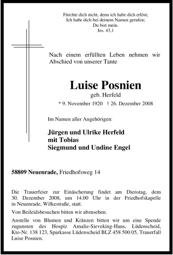 Todesanzeige von Luise Posnien von WESTFÄLISCHER ANZEIGER